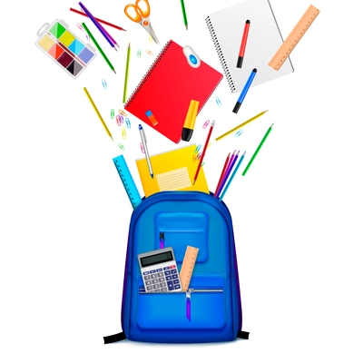 School backpack stationery realistic composition with colourful images of goods flying out of college bag vector illustration