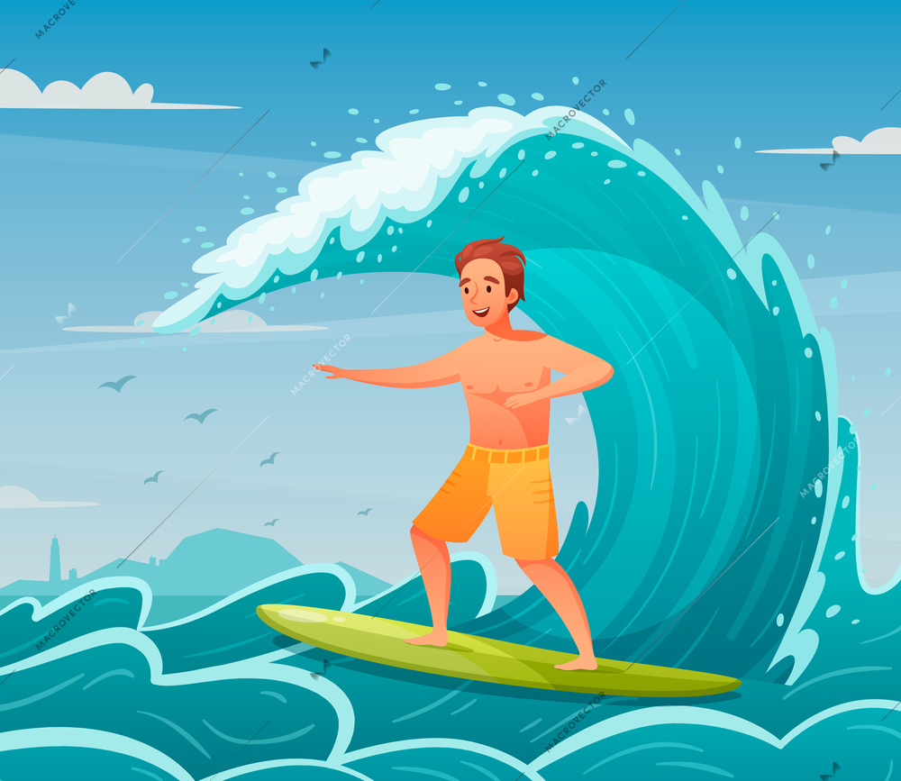 Water sports cartoon background with happy man surfing vector illustration