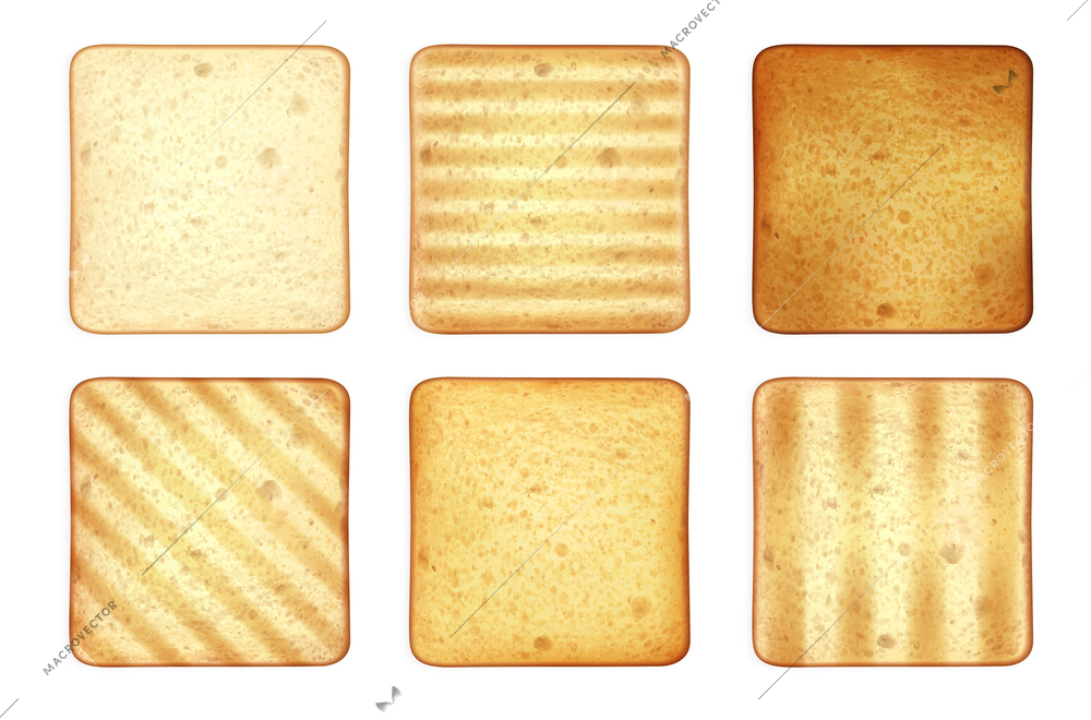 Set of square roasted toasts bread realistic images with different patterns and toppings on blank background vector illustration