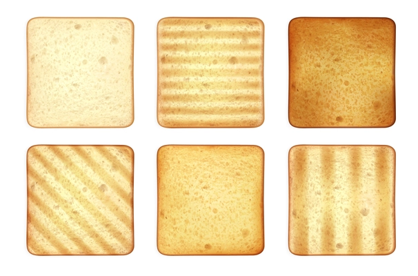 Set of square roasted toasts bread realistic images with different patterns and toppings on blank background vector illustration