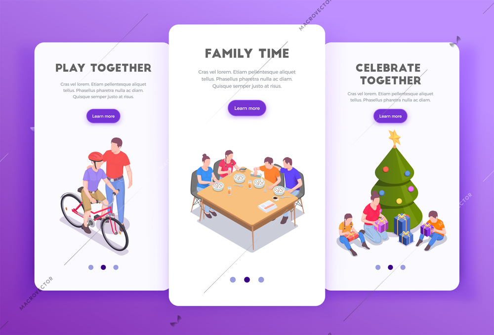 Family holidays isometric set of three vertical banners with page switch buttons editable text and images vector illustration