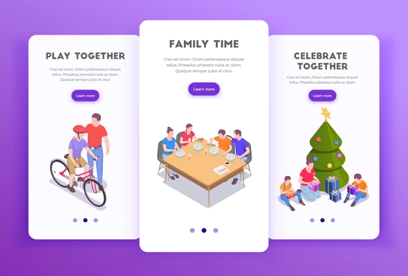 Family holidays isometric set of three vertical banners with page switch buttons editable text and images vector illustration