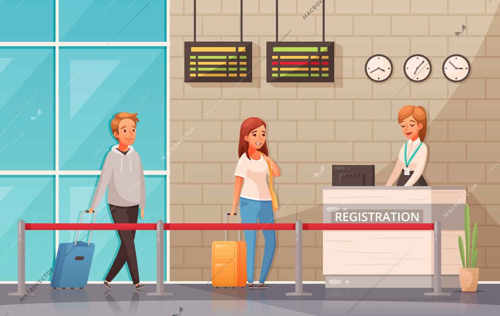 Man and woman with suitcases near registration desk in airport cartoon background vector illustration