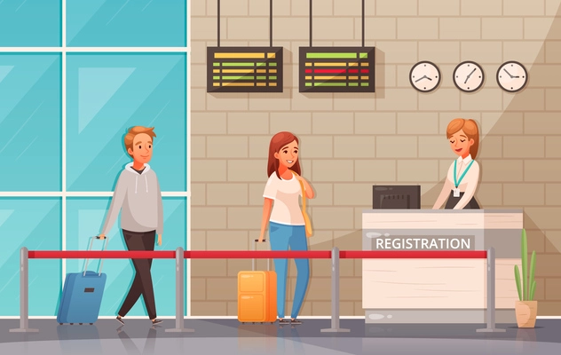 Man and woman with suitcases near registration desk in airport cartoon background vector illustration