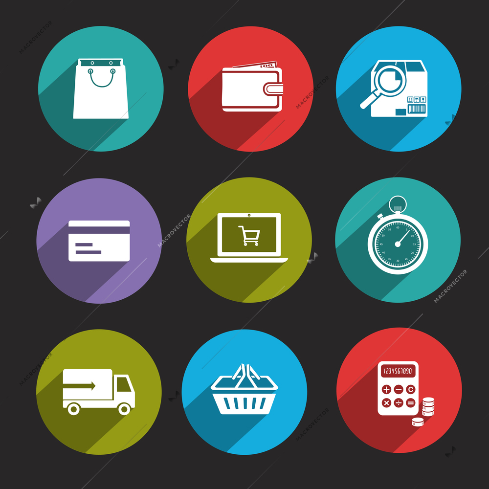 Online shopping delivery and c-commerce flat icons set isolated vector illustration