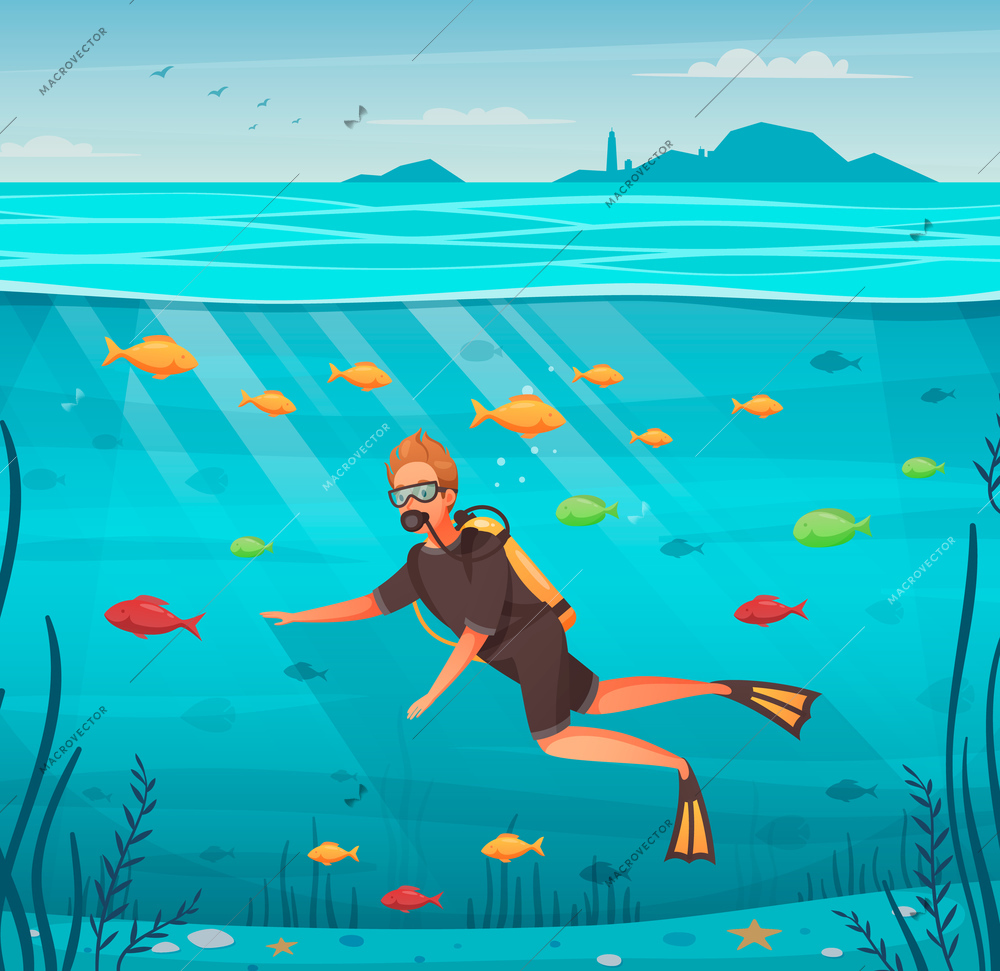 Man doing water sports diving surrounded by colorful fish cartoon vector illustration