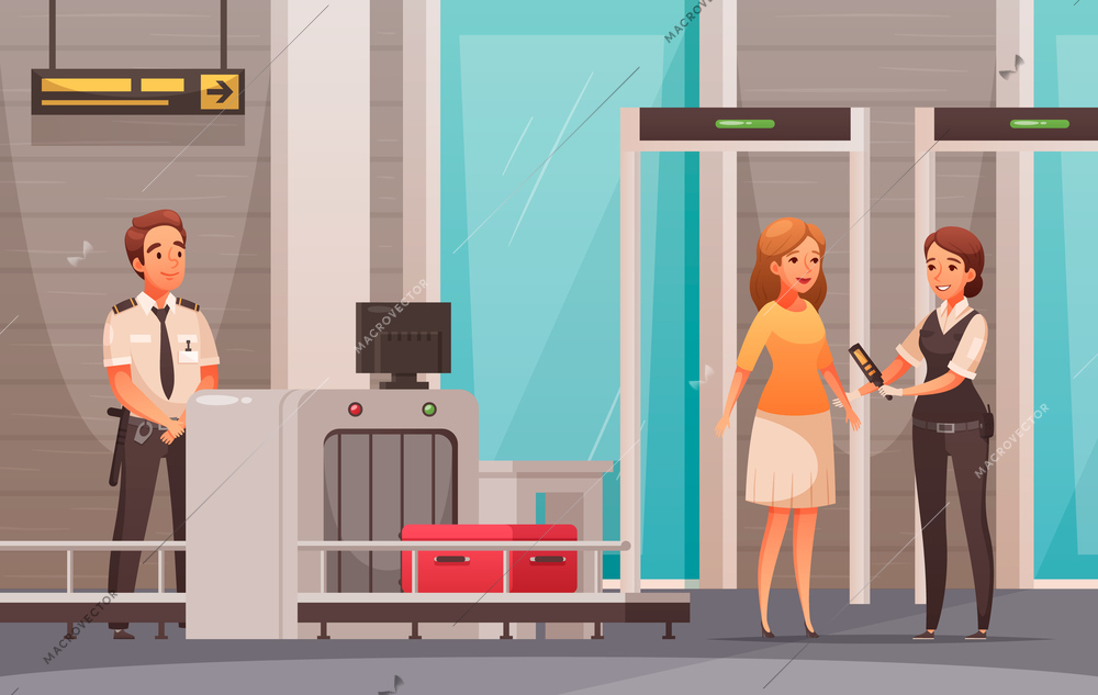 Woman character and her luggage being checked in airport cartoon background vector illustration