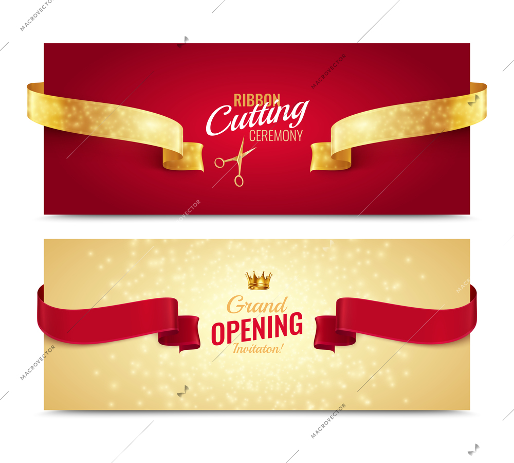 Set of two horizontal opening banners with realistic images of ribbons text and shiny luxury background vector illustration