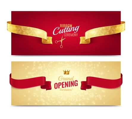 Set of two horizontal opening banners with realistic images of ribbons text and shiny luxury background vector illustration