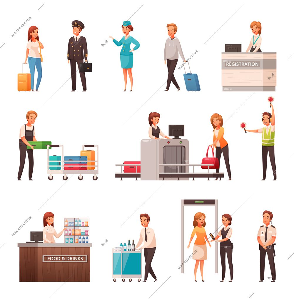 Airport staff passengers with suitcases security check cartoon icons set isolated on white background vector illustration