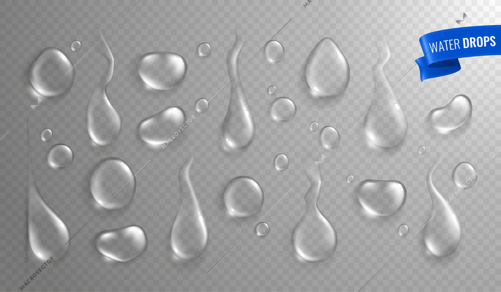 Water drops on misted glass monochrome realistic set with big droplets of various shape with shadows vector illustration