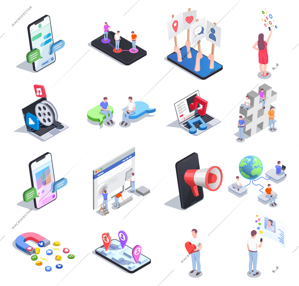 Social network isometric set of isolated icons and conceptual images with gadgets people and colourful pictograms vector illustration