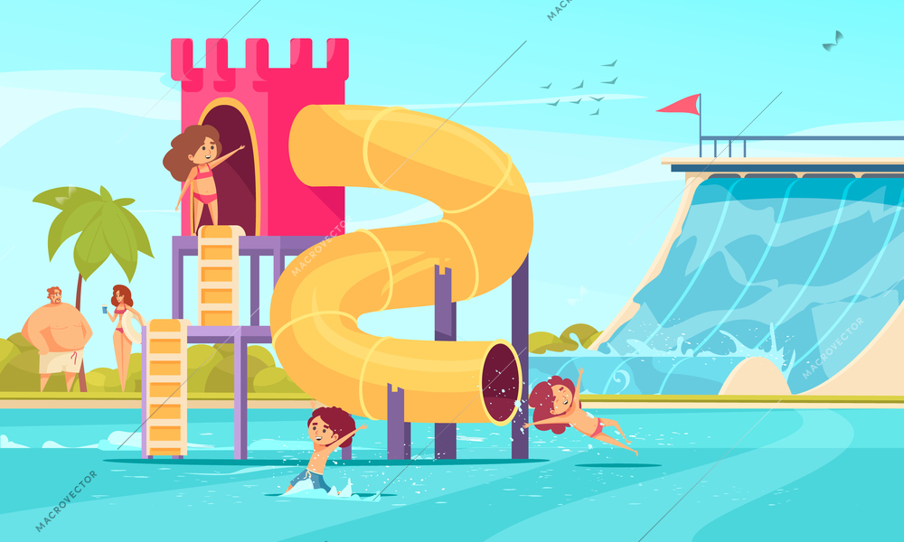 Traditional tall and super fun tube family water slides in amusements aqua park comics composition vector illustration