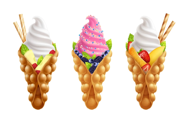 Bubble hong kong waffles with fruits realistic set of isolated ice-cream images with different toppings vector illustration