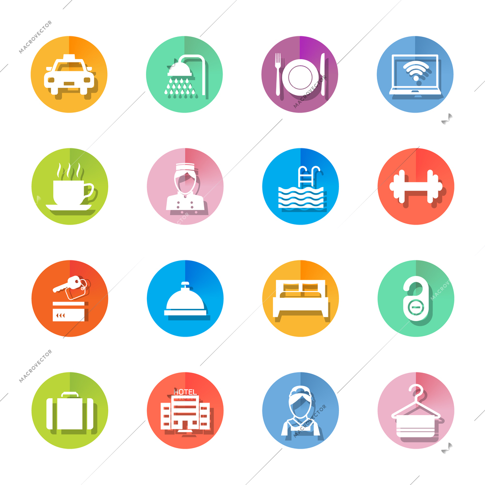 Set of hotel bed reception building icons on colorful circles in white color vector illustration