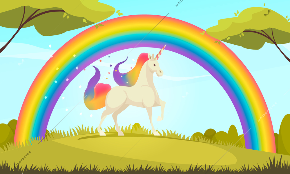 Mystical creatures flat cartoon composition of white unicorn with colorful tail and mane under rainbow vector illustration