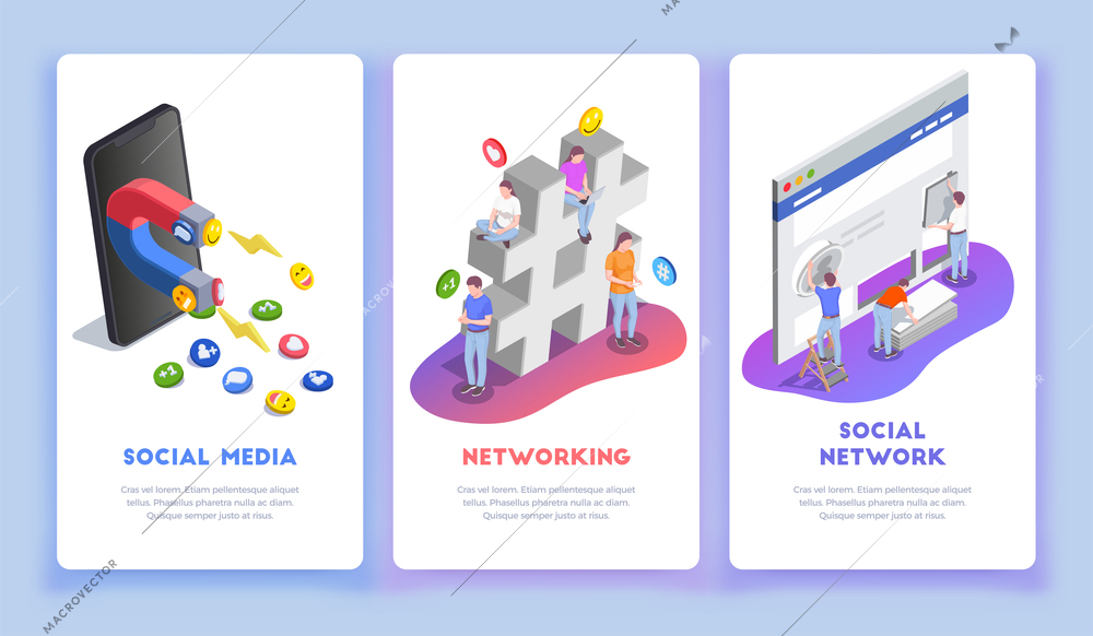 Social network isometric vertical banners set with conceptual images human characters editable text smiles and emoticons vector illustration