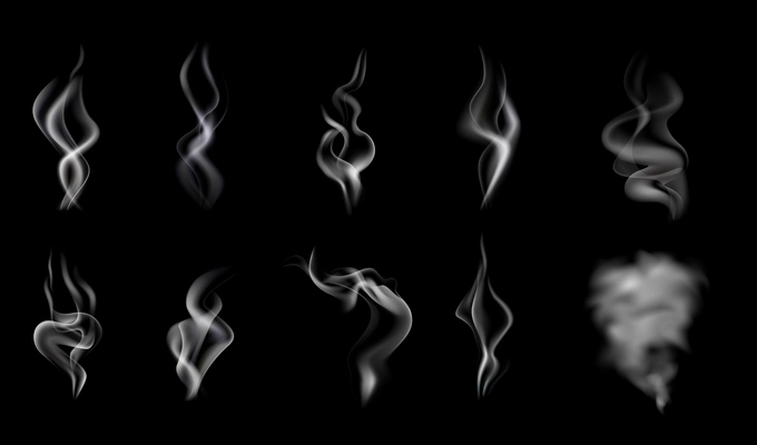 Isolated and realistic steam smoke icon set white and translucent on black background vector illustration