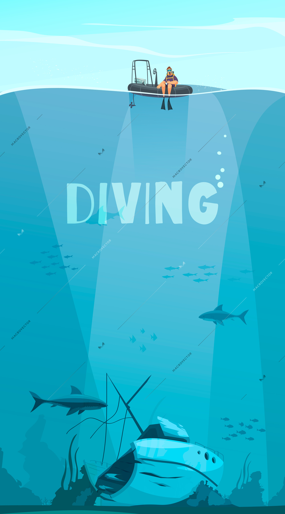 Scuba divers exploring shipwreck deep in the ocean flat comics style composition with underwater background vector illustration