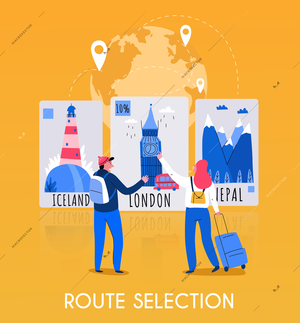 Flat tourism map composition with route selection description and couple of travelers vector illustration