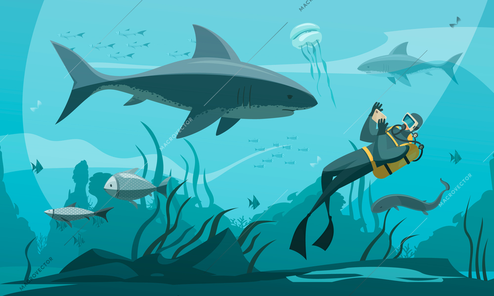 Scuba diving underwater adventures composition with person in wetsuit snorkel fins photographing shark comics style vector illustration