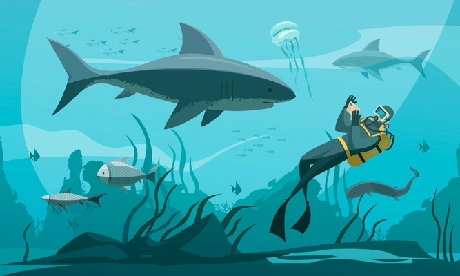 Scuba diving underwater adventures composition with person in wetsuit snorkel fins photographing shark comics style vector illustration