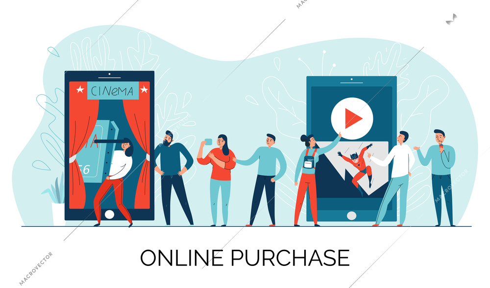 Cinema online ticket composition with online purchase description and queue for tickets vector illustration