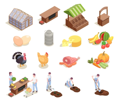 Set with isolated local farm market isometric icons human characters of farmers poultry and food products vector illustration