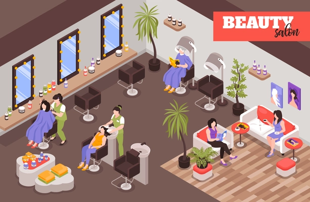 Female beauty salon isometric background with working staff customers sitting in clients chairs or waiting in rest zone of barbershop vector illustration