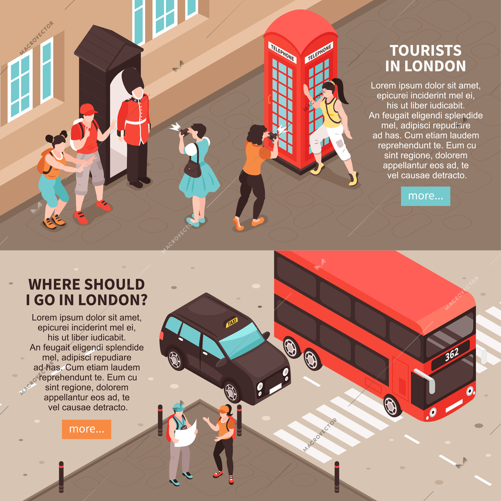 Tourists in london horizontal banners with information about sightseeing tours and  landmarks isometric vector illustration