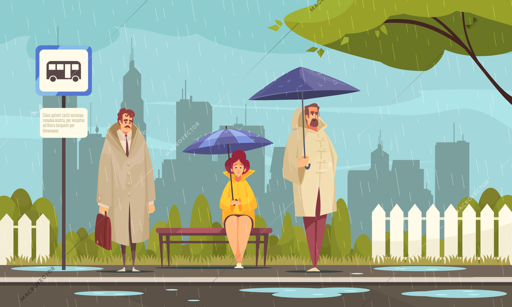 People wearing overcoats waiting at bus stop under umbrellas in rainy weather flat composition cityscape background vector illustration