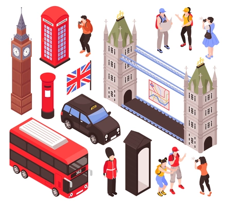 England landmarks isometric set with traditional symbols of british state architecture and culture isolated vector illustration