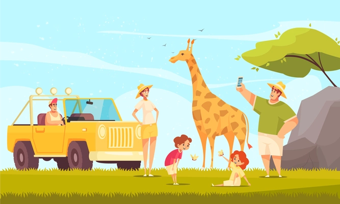 Off road driving safari adventures flat composition with young family with kids making giraffe photos vector illustration