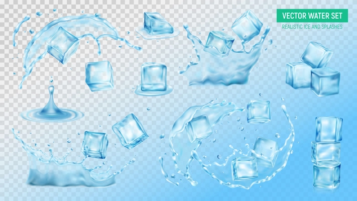 Realistic ice cubes water splash set of colourful isolated images on transparent background with text vector illustration