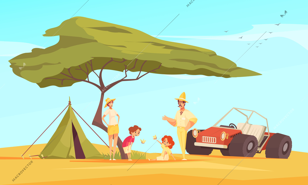 Safari jeep travel adventures flat composition with family in front of tent under baobab tree vector illustration