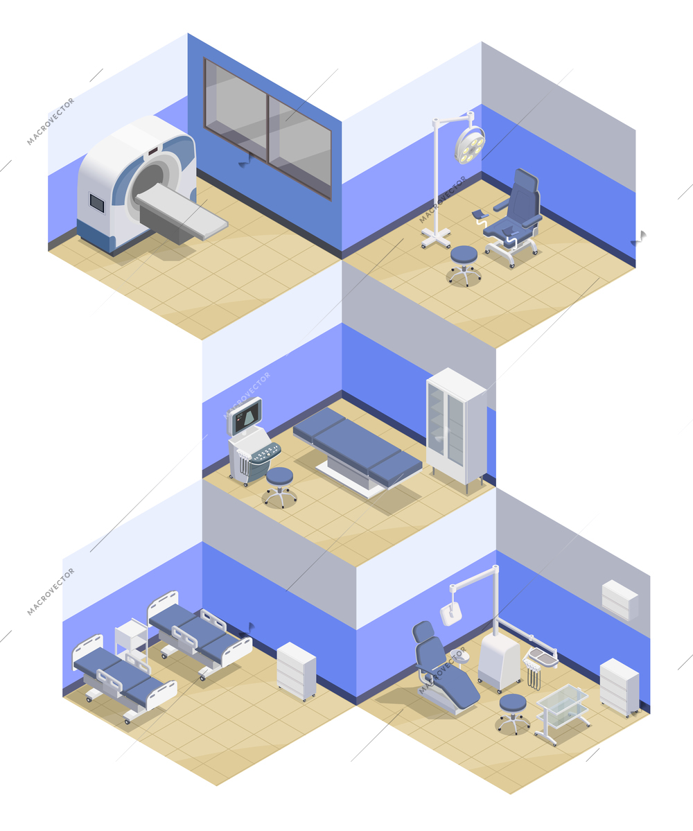 Medical equipment isometric compositions set with indoor views of hospital rooms equipped with professional therapeutic appliances vector illustration