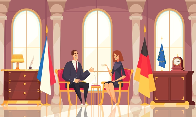 Presidential coffee conversation flat composition with office interior negotiations with foreign diplomatic representative state flags vector illustration