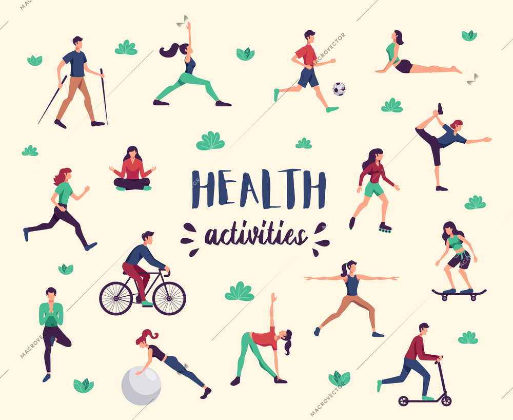 Physical activity health benefits flat characters set with yoga fitness cycling nordic walking background poster vector illustration