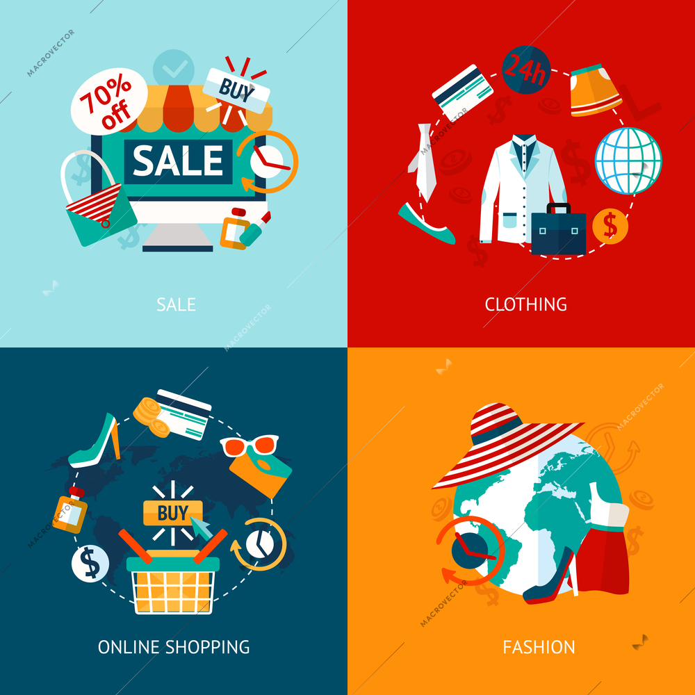 Business concept flat icons set of online accessories shopping and fashion clothing internet sale infographic design elements vector illustration