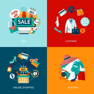 Business concept flat icons set of online accessories shopping and fashion clothing internet sale infographic design elements vector illustration