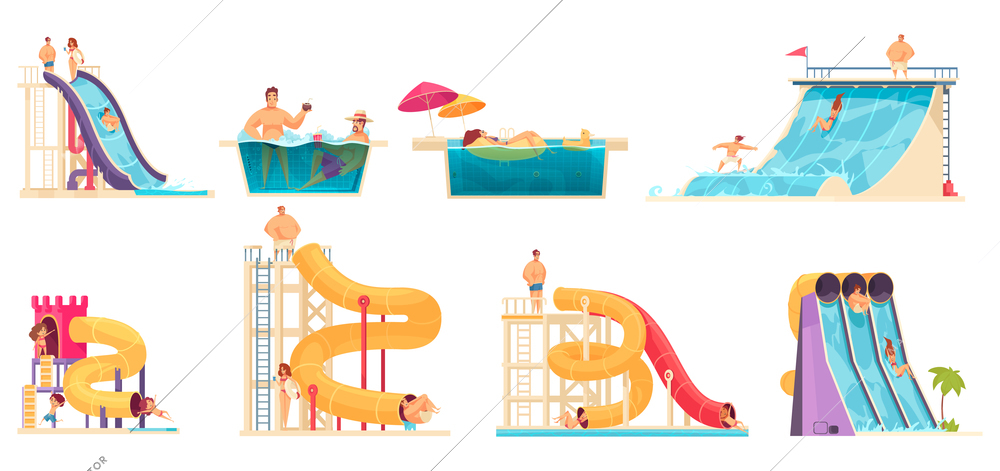 Aqua park visitors enjoying attractions 8 comics cartoon compositions with water  slides family jacuzzi bath vector illustration