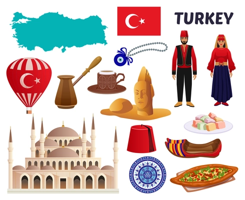 Turkey culture cuisine coffee clothing landmarks tourists attractions places of interest symbols flag map set vector illustration