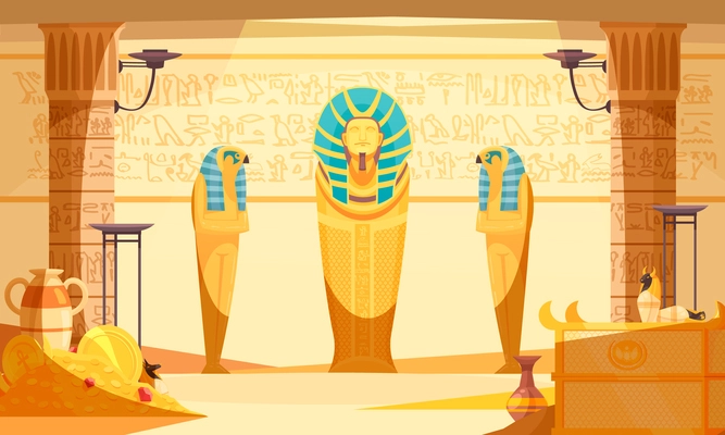 Egyptian burial chamber tomb interior with deceased and ibis bird doll mummies wall etching light vector illustration