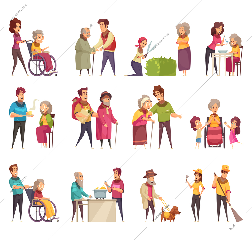 Elderly people professional social help service workers volunteers family support flat cartoon elements set isolated vector illustration