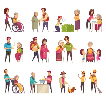 Elderly people professional social help service workers volunteers family support flat cartoon elements set isolated vector illustration