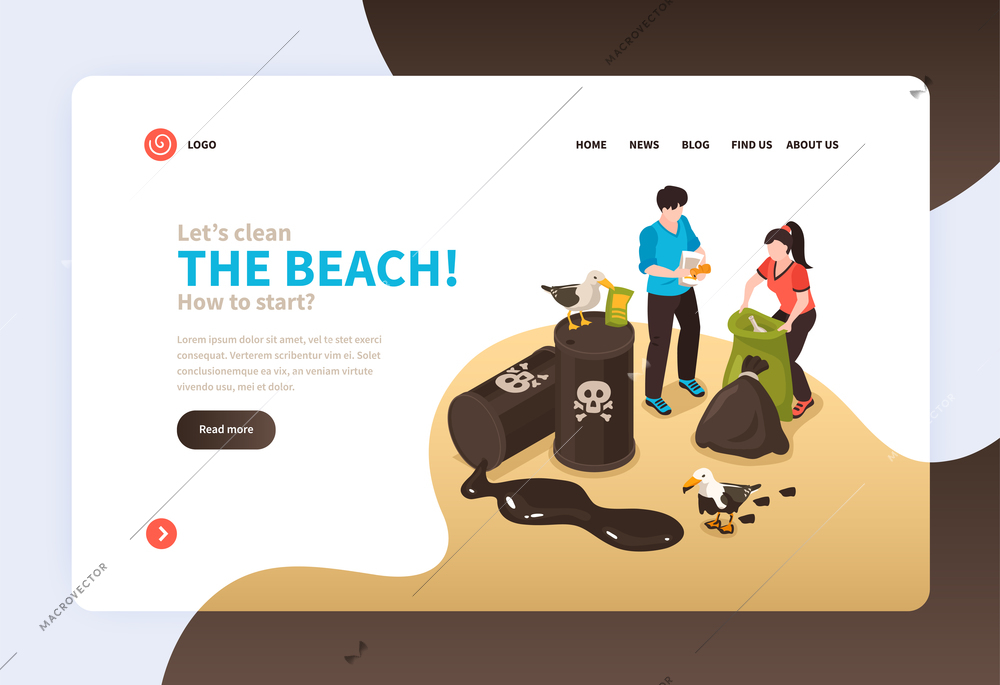 Water pollution landing page template with volunteers collecting trash into bags on beach isometric vector illustration