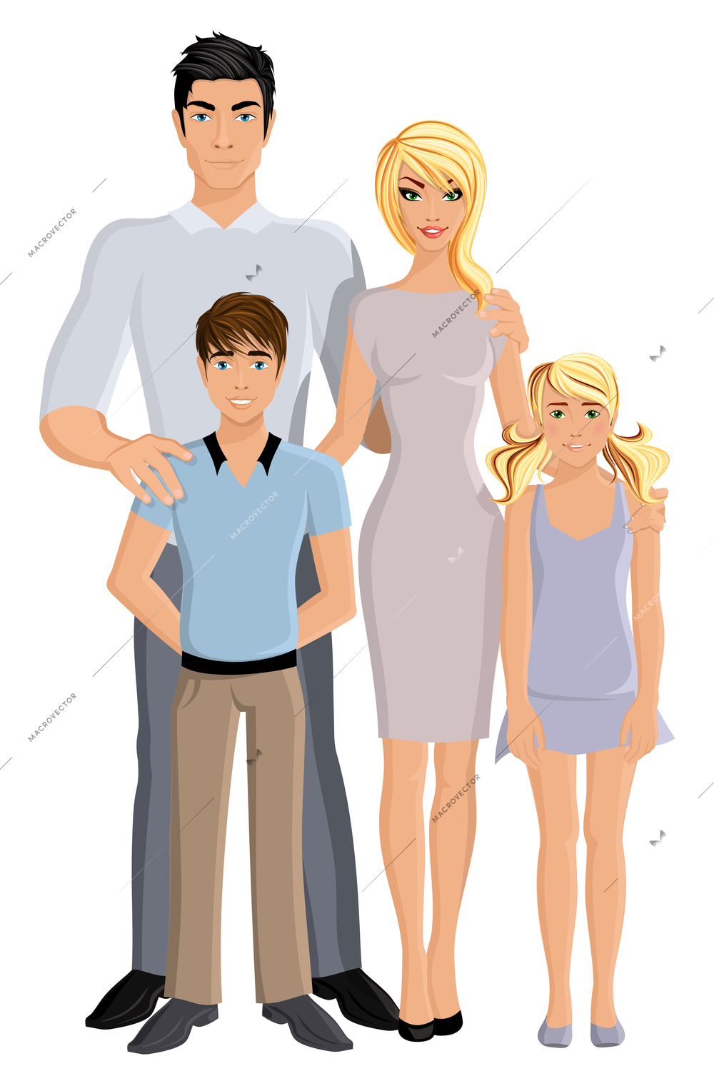 Happy family man woman parents and girl and boy kids full length portrait vector illustration.