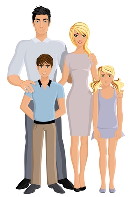 Happy family man woman parents and girl and boy kids full length portrait vector illustration.