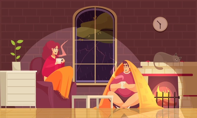 Staying home in bad weather flat composition with couple wrapped in blankets sipping hot tea vector illustration