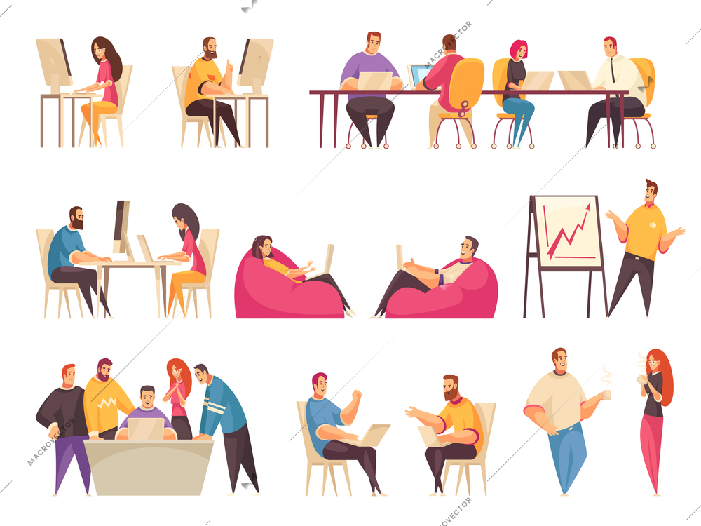 Coworking people set with teams of creative employees working together at big desk or discussing business problems isolated vector illustration